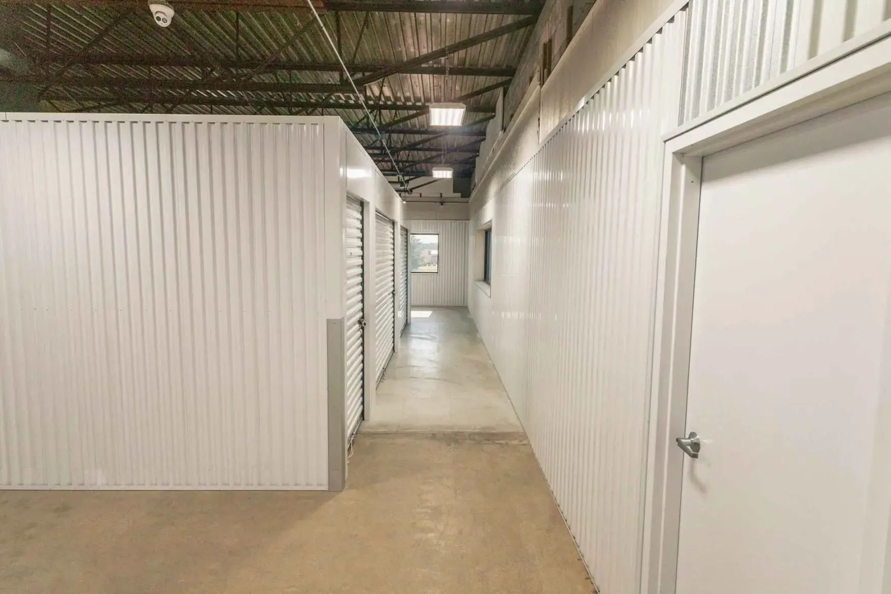 An interior aisle of storage units.