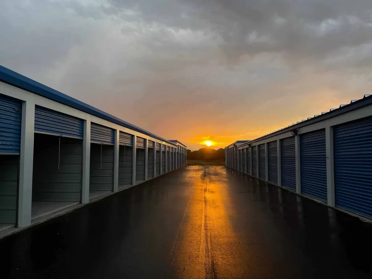 A sunset shot of storage units.