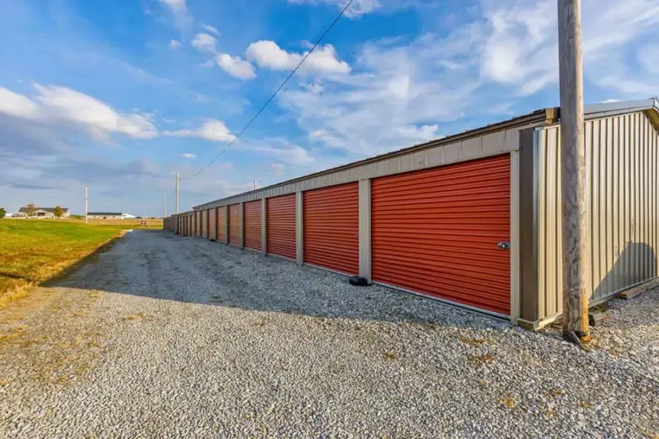 A long row of storage units.