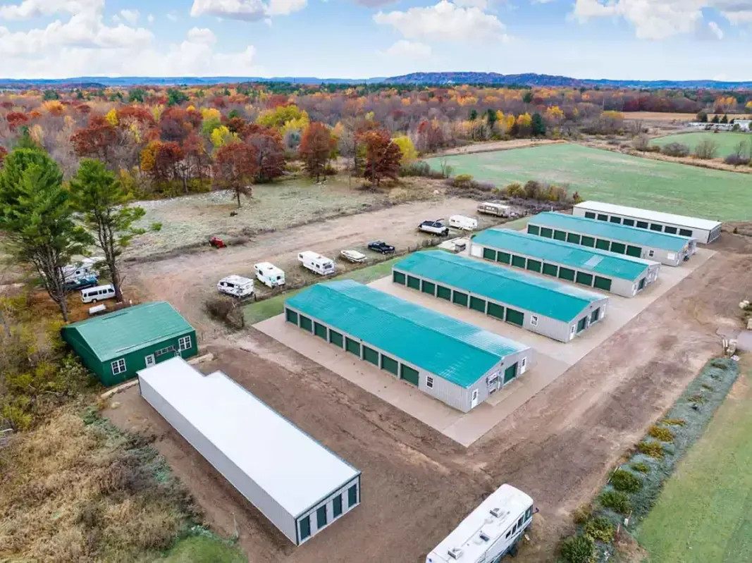 Aerial view of drive up units at KO Storage