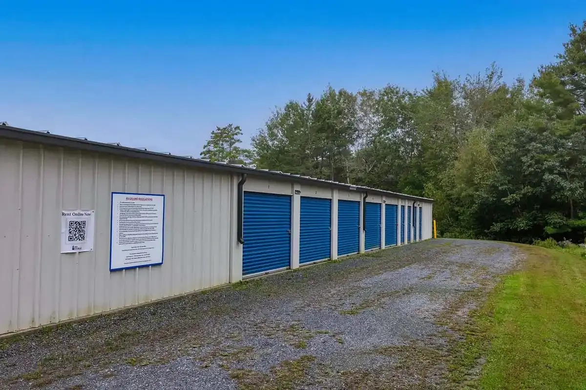 A row of units and a sign.
