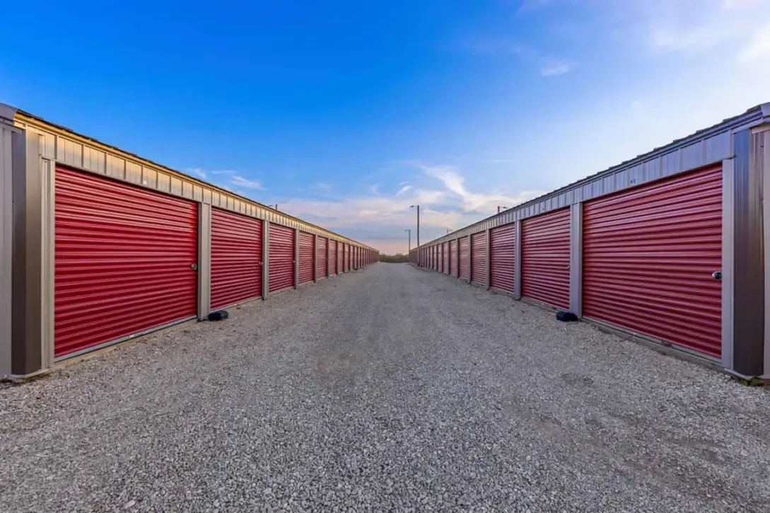A long aisle of storage units.