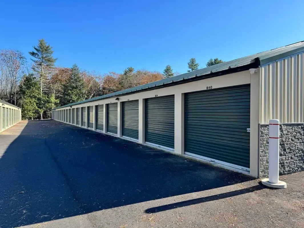 A long row of storage units.