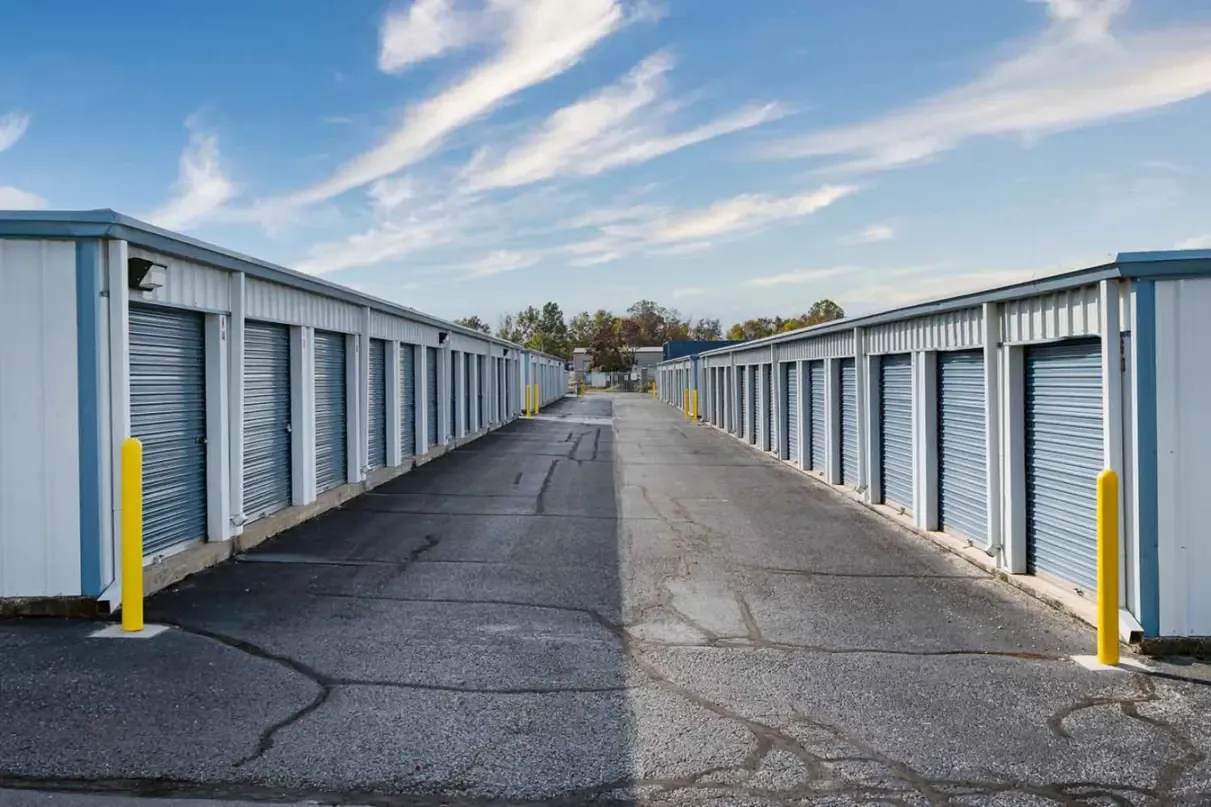 A long aisle of storage units.