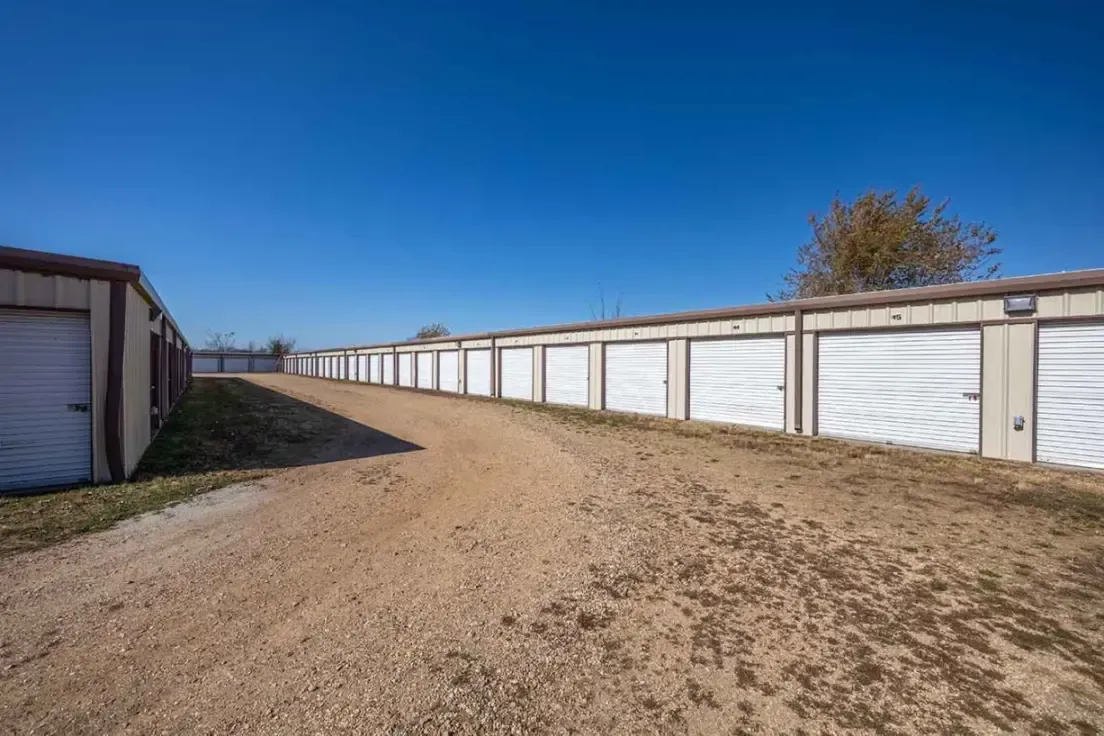 A long row of storage units.
