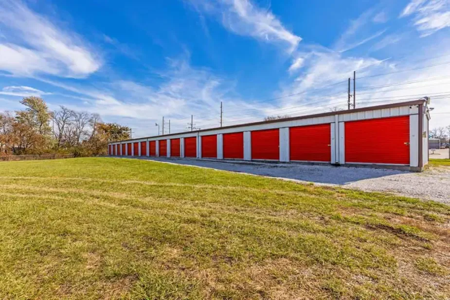 A row of units with orange doors.