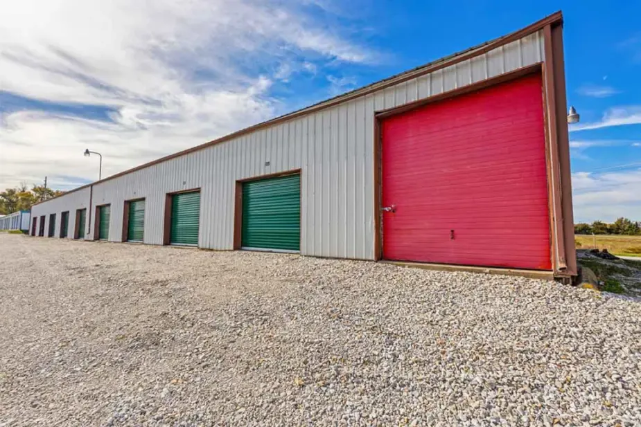 Storage units with different colored doors.