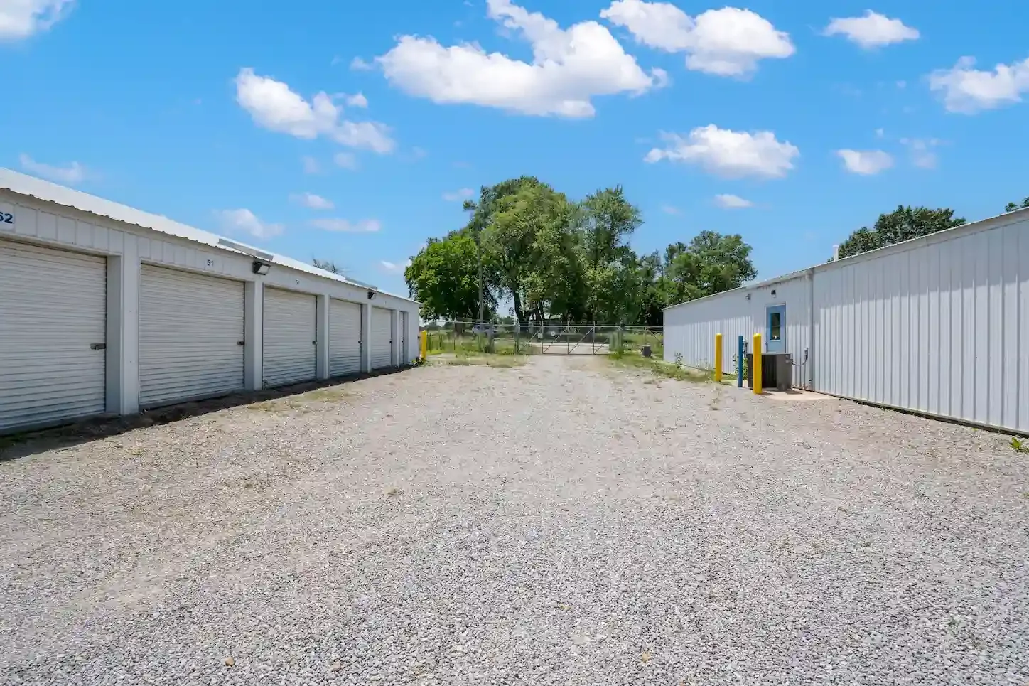 A wide aisle of storage units.