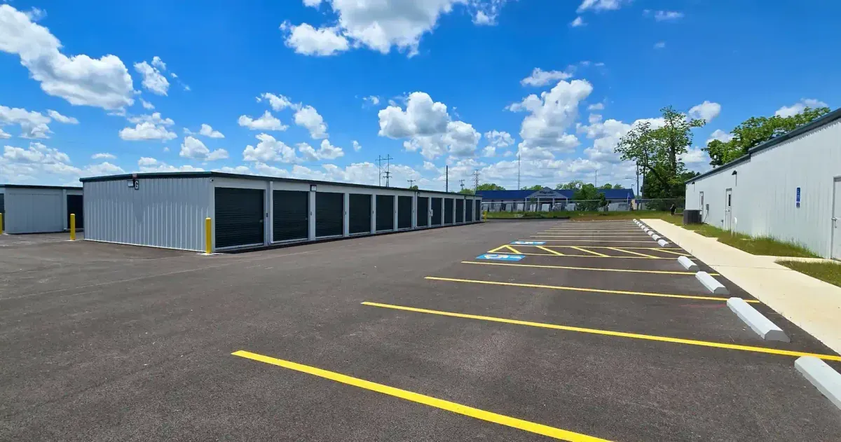 Parking units and a row of storage units.